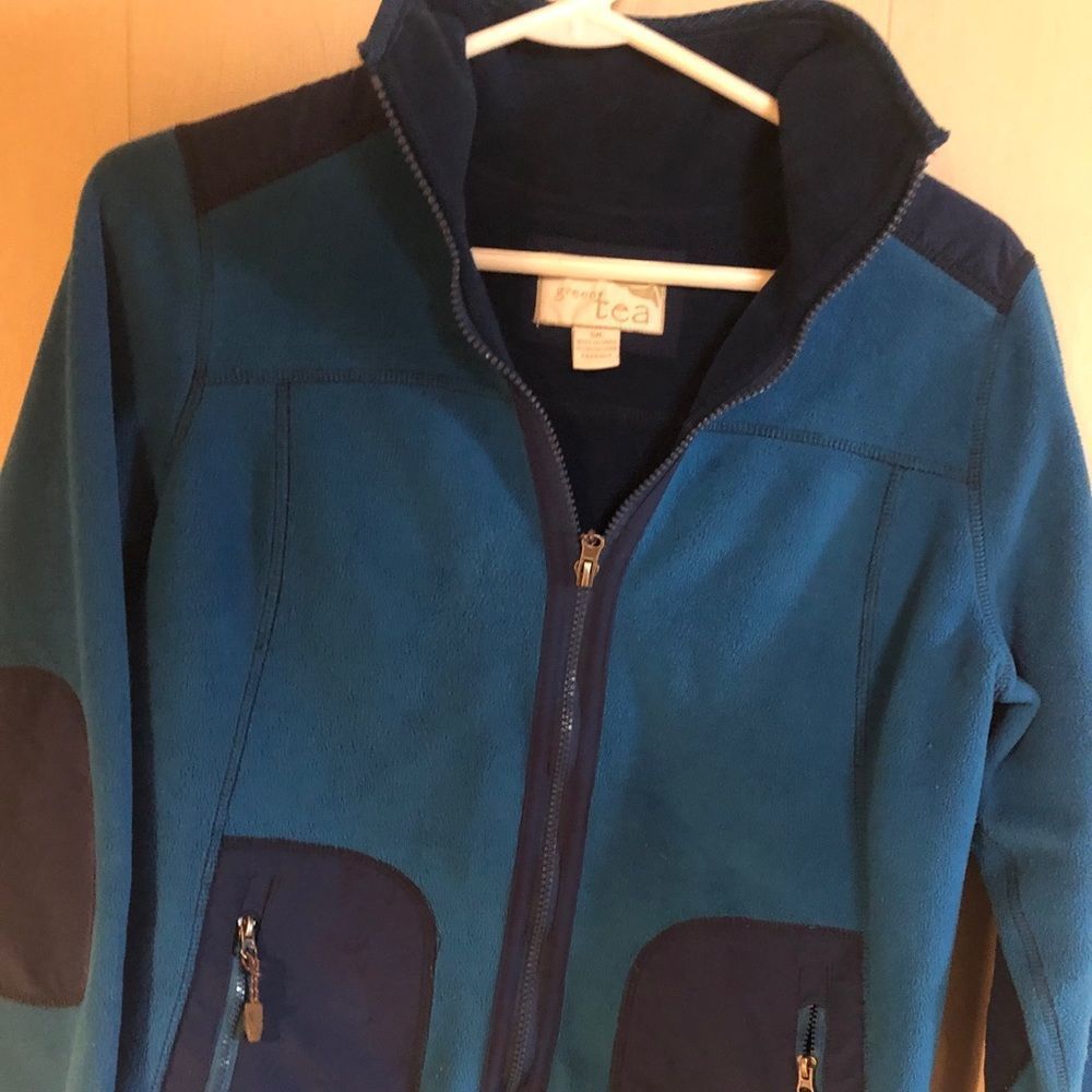 Green Tea Royal Blue  fleece w elbow patches color block w black and full zip